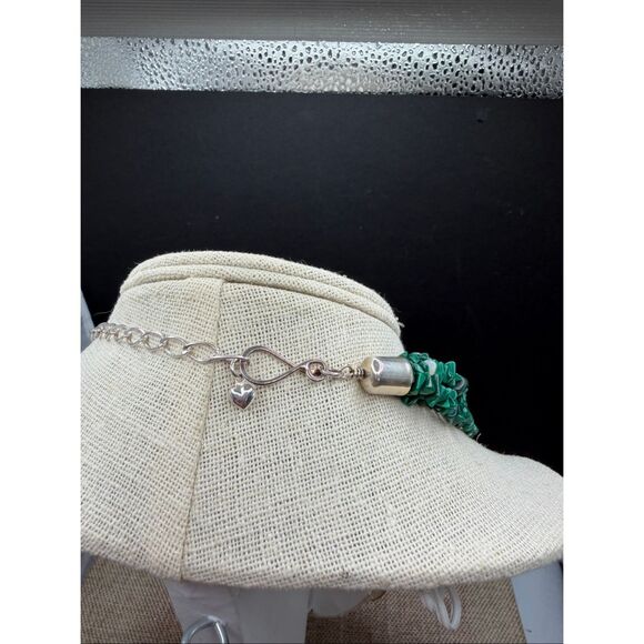 Vintage Sterling Silver Malachite & Mother of Pearl Heart Pendant Necklace Multi - Picture 2 of 9